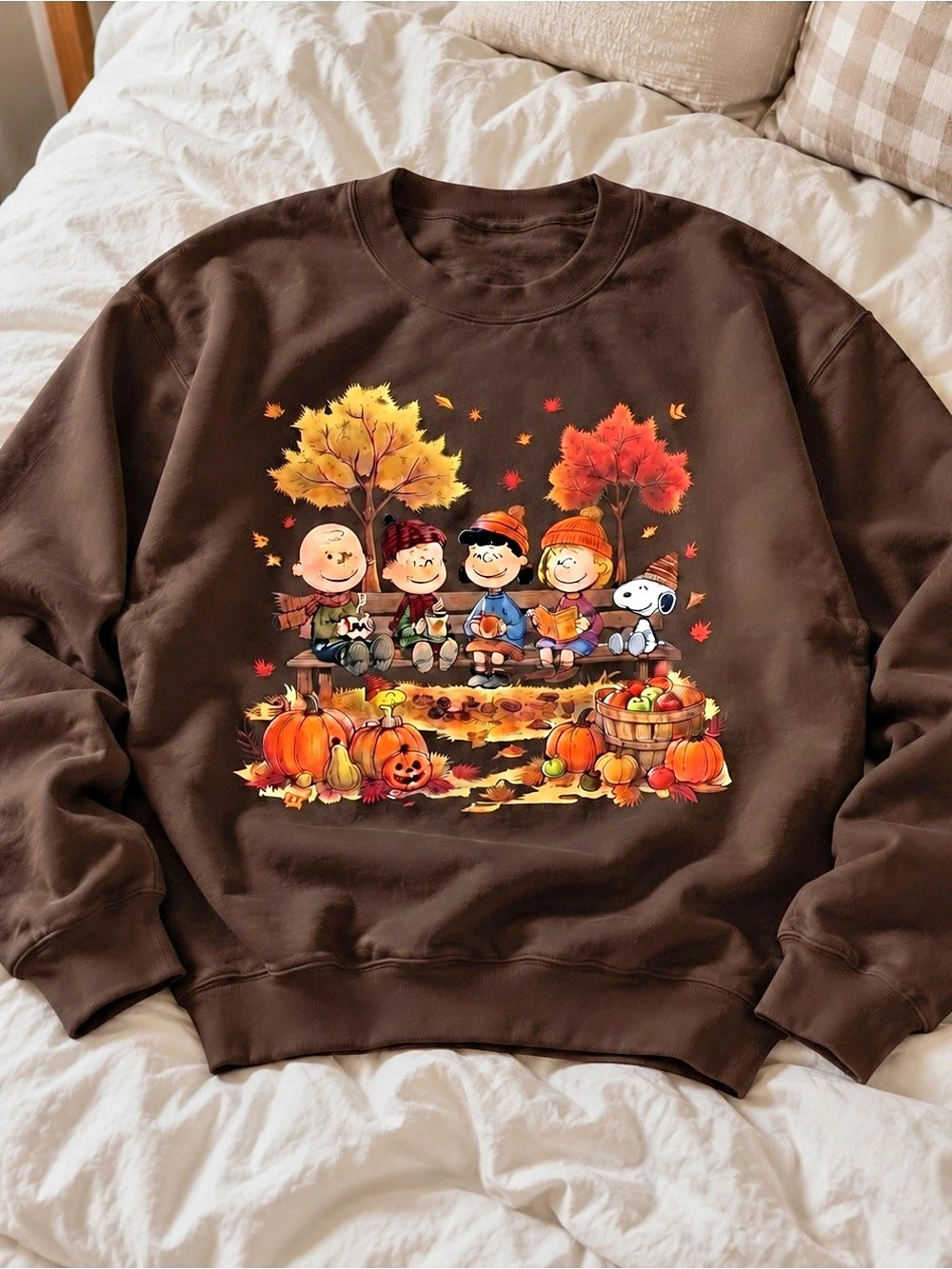 Fall Leaves & Pumpkin Halloween Patch Graphic Sweatshirt Dark Chocolate (Gildan)